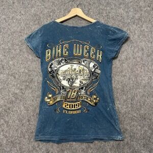 Daytona Bike Week 2019 T-Shirt Women's L – Distressed Blue V-Twin Graphic